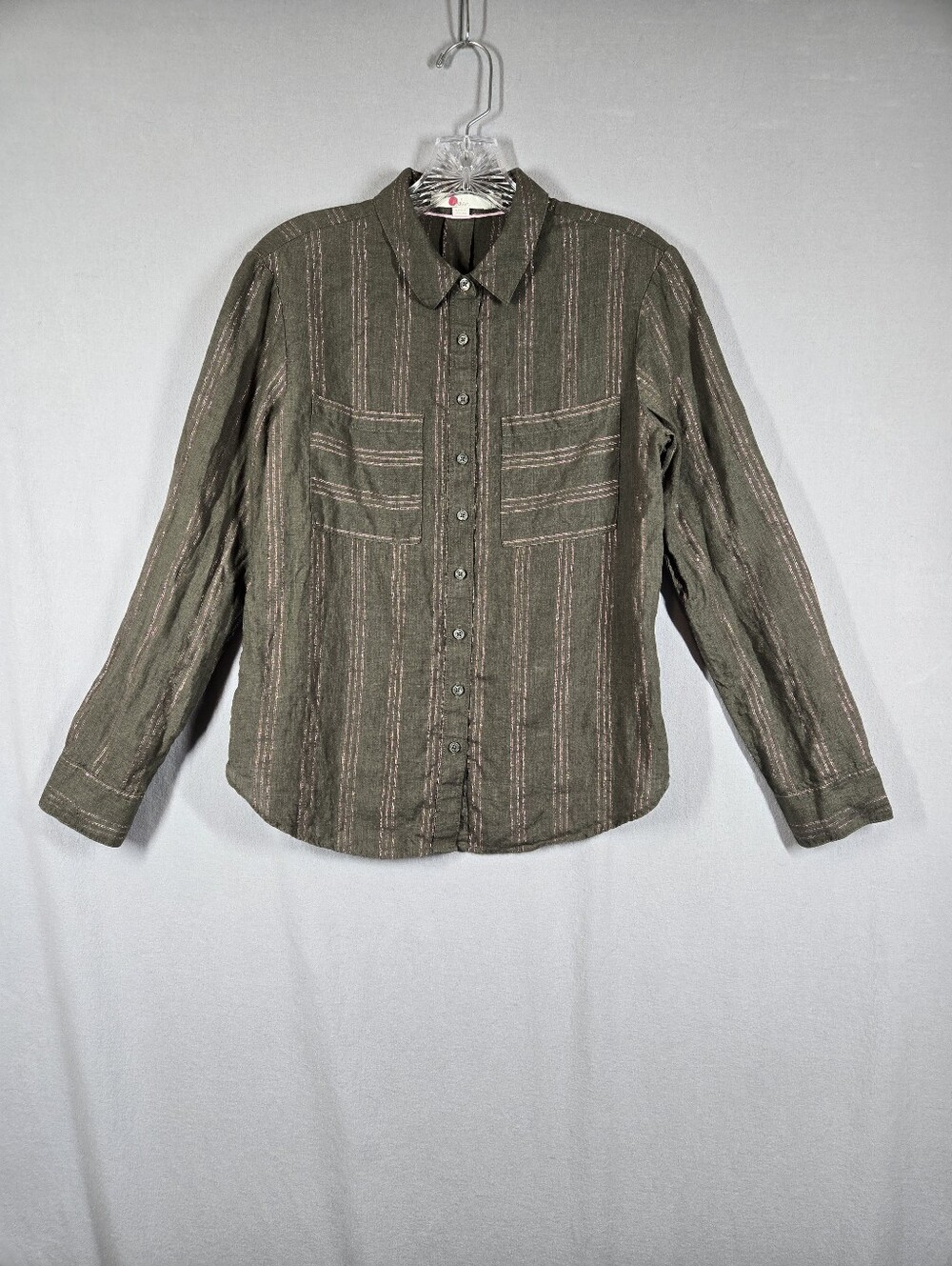 Boden Linen Shirt Women's US 2P Olive with Pink Metallic Stripes Button Up